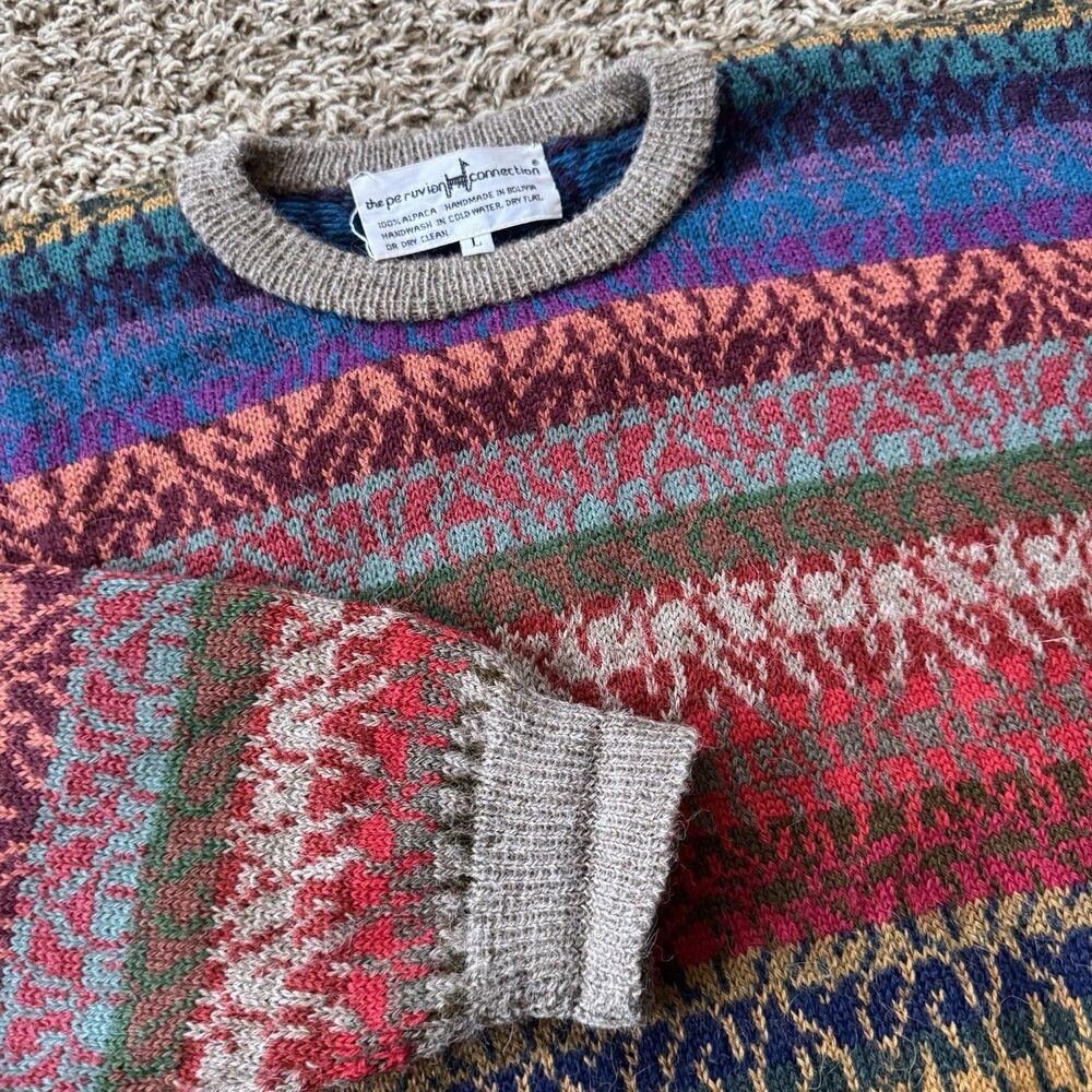 Peruvian Connection Alpaca Grandpa Sweater Colorful Geometric Pattern Crew Lg